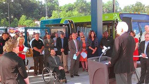 Johnson County Board of County Commissioners Chairman Ed Eilert speaks at the dedication of the Allen Roth Transit Center in Mission.