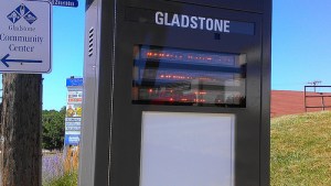 Real-time arrival sign at Southbound Gladstone Route 142 stop, 70th and North Oak. The display is working, it's just that our camera speed is too fast to capture it.